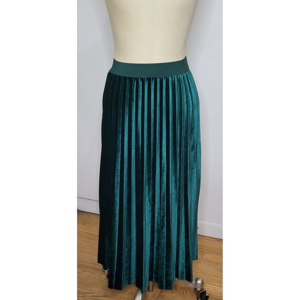 Womens Emerald Green Crushed Velvet Pleated Midi Skirt Large Holiday Christmas